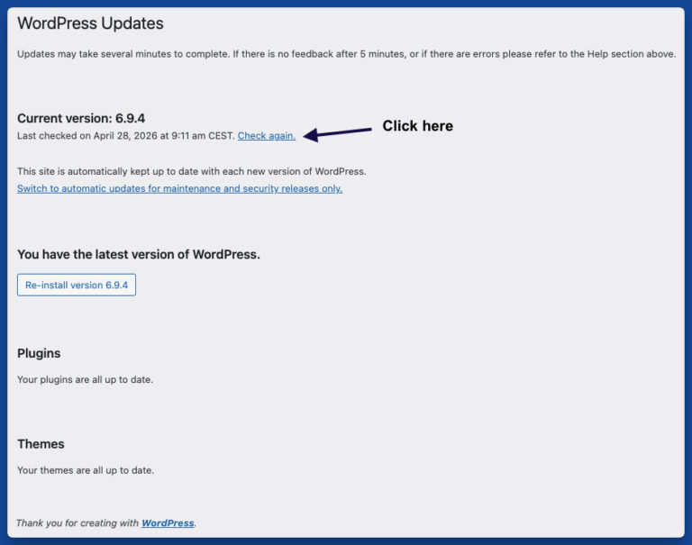 a picture of clicking on the WordPress check again for plugin, theme and translation, or core updates.